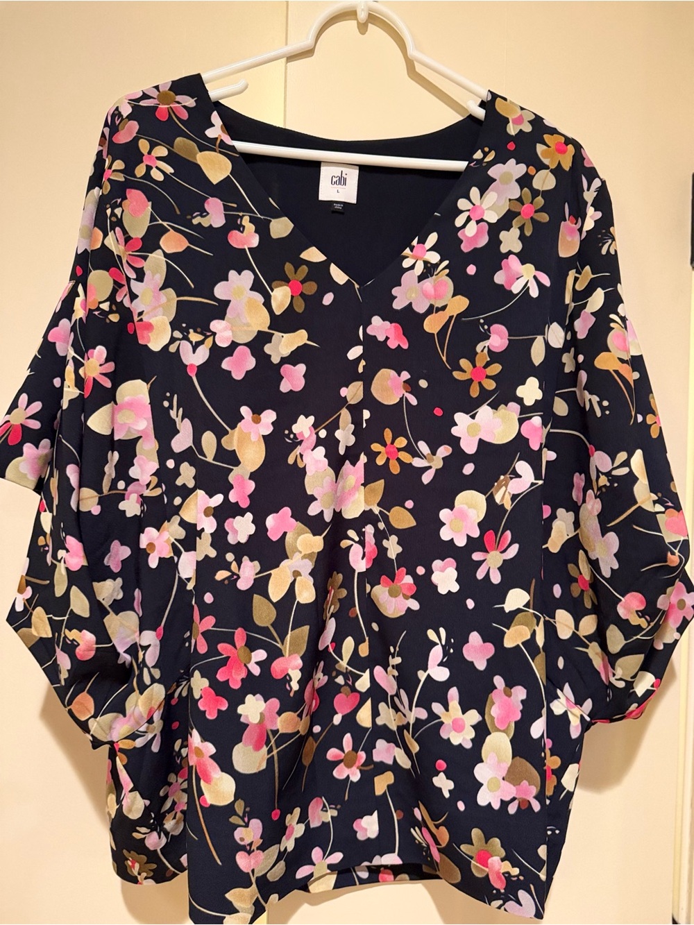 CAbi Navy Floral V-Neck Blouse with Pink & Gold Accents